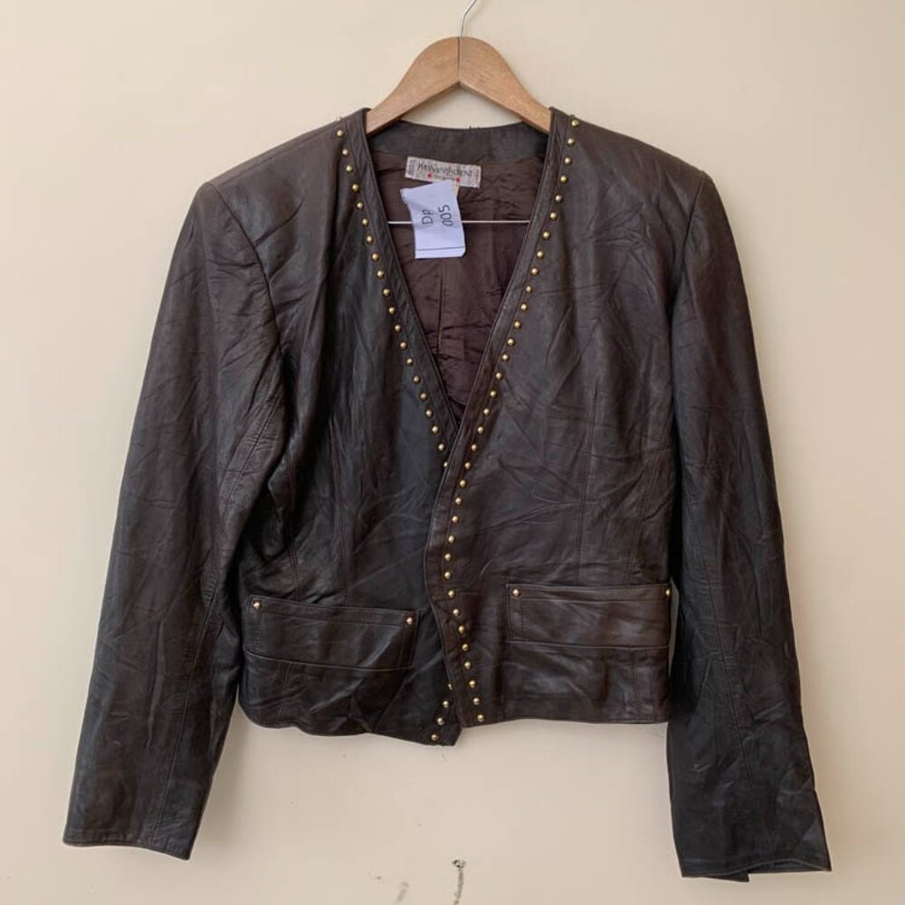 YSL Brown Leather Jacket with studded details and statement gold buttons